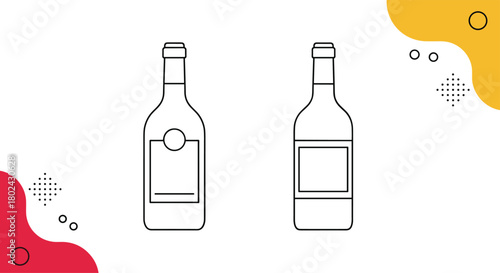 Two outline illustrations of wine bottles on a white background with colorful abstract shapes.