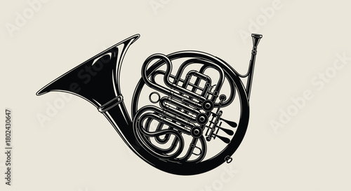 Illustration of a black french horn against a light beige background.