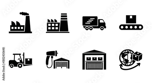 Industrial and logistics icons collection featuring factories, delivery trucks, and warehouses in simple black silhouette style