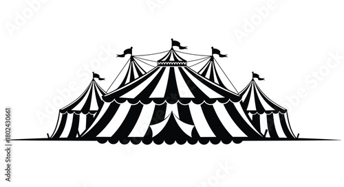 Black and white illustration of a large circus tent with striped awnings and flags on top.