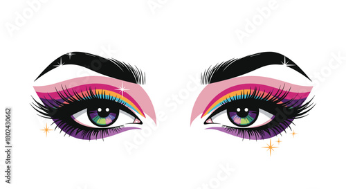 Colorful rainbow eye makeup with stars and glitter, artistic beauty illustration.