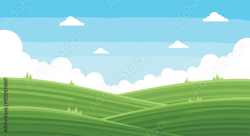Rolling green hills under a bright blue sky with fluffy white clouds.