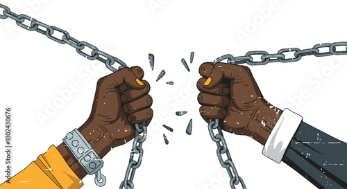 Two hands breaking chains, symbolizing freedom, struggle and liberation.