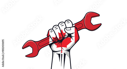 Fist holding a red wrench with the Canadian flag painted on it, symbolizing strength and labor.