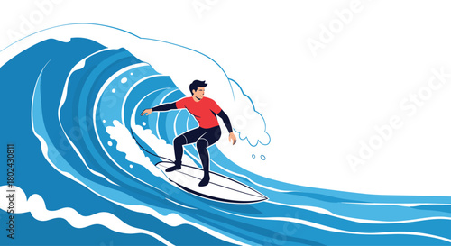 Young man surfing a large blue wave, with a backdrop of white spray and sky.