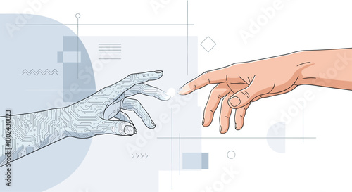A robot hand and a human hand reaching out to touch each other, symbolizing artificial intelligence and humanity.