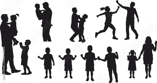 Silhouette of parents and children playing together, family love, bonding, happy childhood, parenting, outdoor fun, and joyful moments