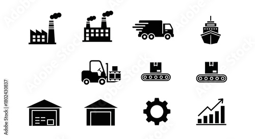Industrial icons collection: factories, logistics, warehousing, and growth in black silhouette style