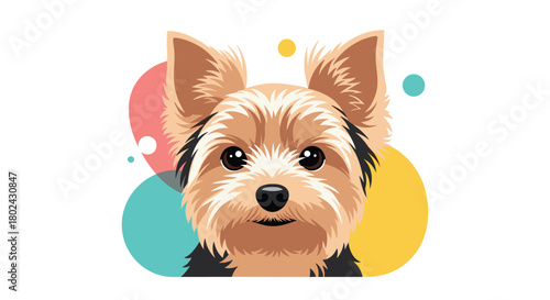Close-up illustration of a cute Yorkshire Terrier dog face with colorful circles in the background.
