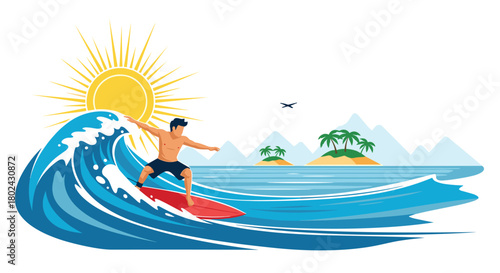 Surfer riding a big wave under a bright sun near tropical islands and mountains.