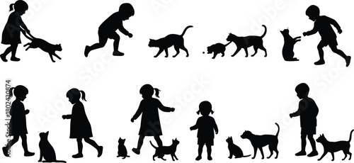 Silhouette of children playing with cats and kittens, friendship, love, fun, animal care, happy childhood and outdoor activity concept
