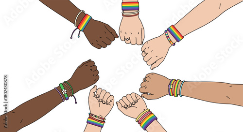 Diverse hands with rainbow bracelets form a circle, symbolizing unity and pride.