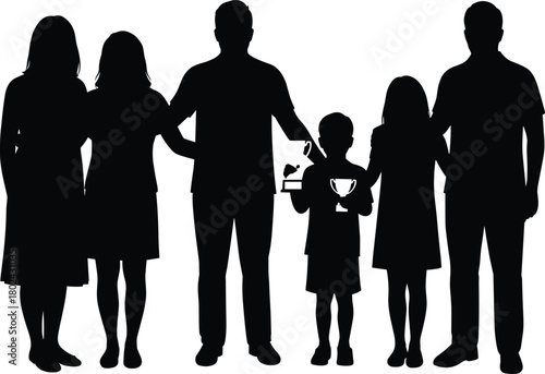 Silhouette of happy family celebrating child success with trophy, support, unity, love, parenting, teamwork and childhood achievement concept