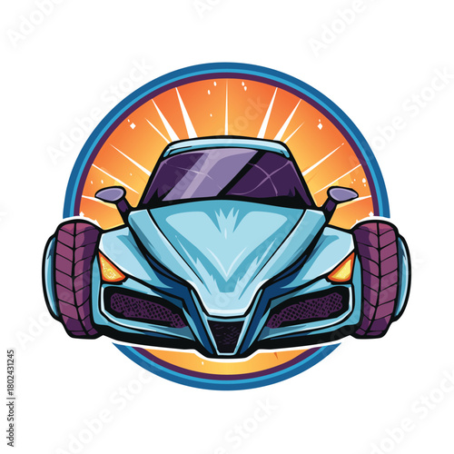 Modern racecar illustration with bold tires and a vibrant sunburst background for dynamic racing designs