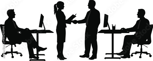 Silhouette of business people in office meeting, handshake partnership, teamwork collaboration, c