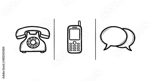 Evolution of communication icons: rotary phone, mobile phone, and chat bubbles