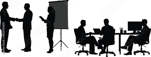 Silhouette of business people in office meeting, teamwork and communication, professional c