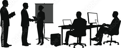 Silhouette of business people meeting in office, teamwork discussion, corporate communication, presentation, professional collaboration, success and leadership concept