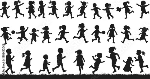 Happy children playing outdoors silhouette, kids running and jumping, childhood joy, outdoor activity, family fun, summer playtime, health and happiness