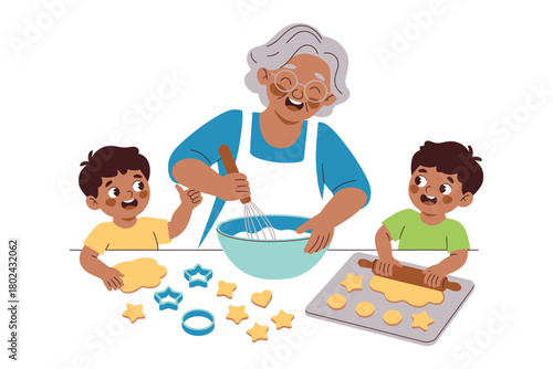A grandmother happily bakes cookies in the kitchen with her two grandchildren using cookie cutters.