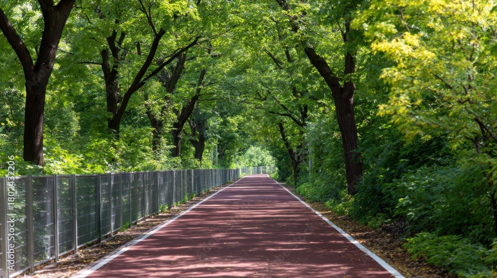 Obraz premium Serene pathway lined with lush green trees, inviting nature walk amidst vibrant foliage in a tranquil setting