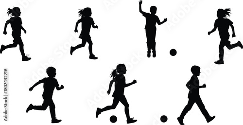 Silhouette of children playing football outdoors, active kids running and kicking soccer ball, teamwork and fun sports activity at sunset field