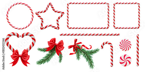Candy frame. 3D cane border. Red Xmas decoration or circle sweet stick line. Stripe square shape. Round ring. Coniferous branch with red ribbon. Vector Christmas decor elements set