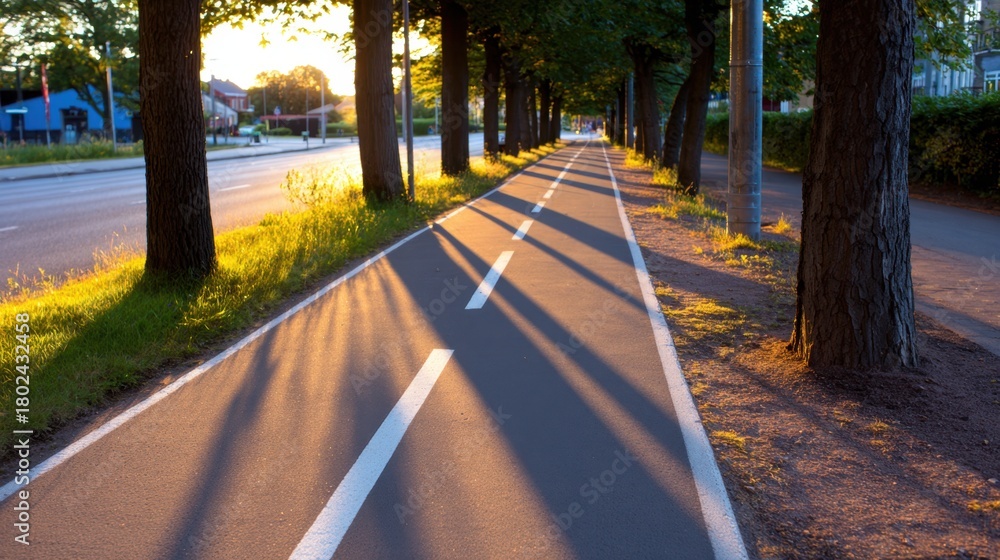 Obraz premium Serene tree-lined pathway during sunset with long shadows cast on the cycle lane, perfect for leisure activities
