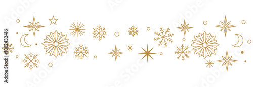 Holidays border, Gold christmas decorations wave pattern. Elegant holiday celestial snowflake and star line art