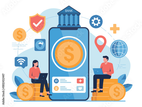 Digital banking app on a smartphone with people managing finances on laptops.