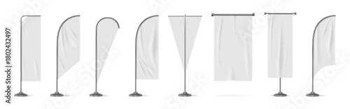 Flag sign. Vertical flagpole, white beach bow or blank brand event banner for show or promotion, textile different forms. Realistic marketing advertising mockup. Vector template isolated set