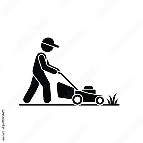 Person pushing a lawn mower cutting grass icon