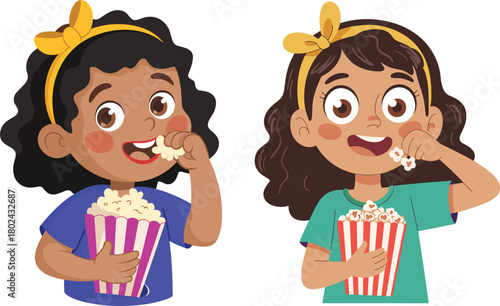 Cute cartoon girl happily eating popcorn from striped bucket while enjoying snack time in fun childhood illustration with cheerful expression