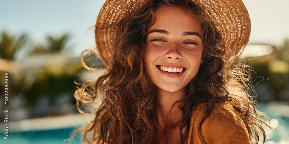 Fototapeta premium happy young woman in straw hat on vacation