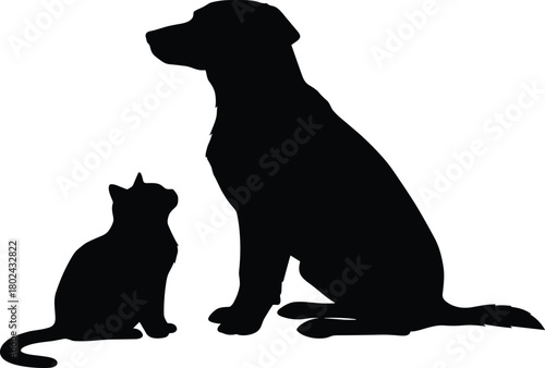 Silhouette of cat and dog sitting together on white background, symbolizing pet friendship, loyalty, harmony, companionship, love, and peaceful relationship