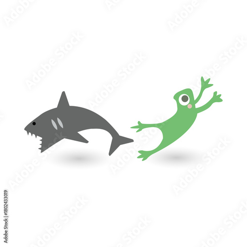 A playful cartoon shark aggressively pursues a frightened green frog-like creature in a humorous chase scene