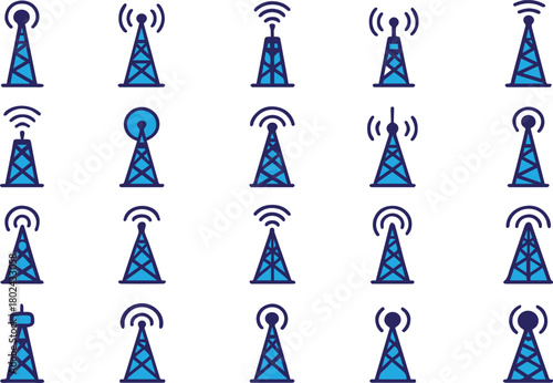 Set of antenna icons isolated on white background, showcasing different styles for communication, signal transmission, and wireless technology