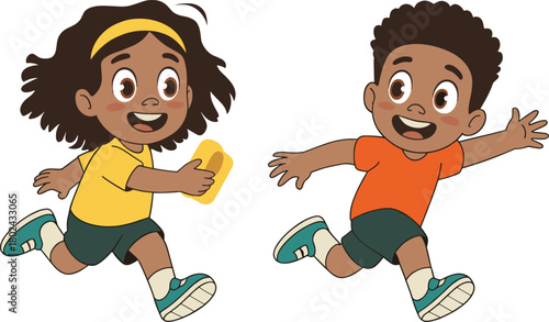 Cute cartoon children running happily while playing outdoor game together in fun activity illustration showing energetic kids movement and joyful expression