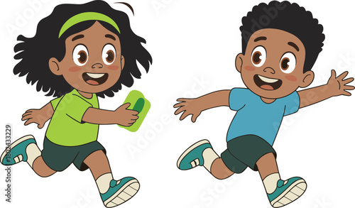 Cute cartoon children running happily while playing outdoor game together in fun activity illustration showing energetic kids movement and joyful expression
