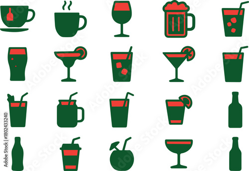 Collection of drink icons isolated on white background, featuring various beverages, cocktails, and refreshments for menu design and bar illustration
