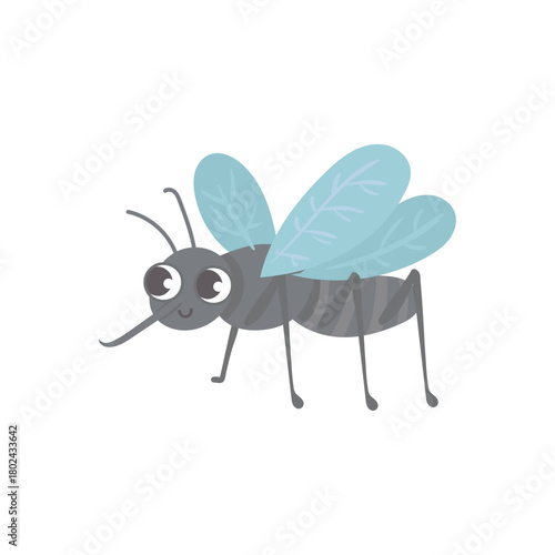 Cartoon Mosquito Clip Art With Big Eyes and Light Blue Wings on White Background