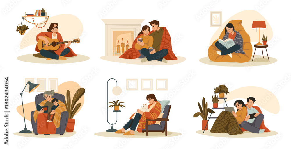 Naklejka premium Winter home. Sick person in blanket. Characters in casual plaids or scarves chill at furnace. Couple hugging on sofa at heater. Woman and man shiver in frozen room. Vector flat scenes set