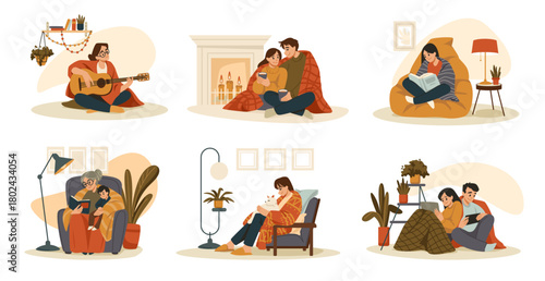 Winter home. Sick person in blanket. Characters in casual plaids or scarves chill at furnace. Couple hugging on sofa at heater. Woman and man shiver in frozen room. Vector flat scenes set