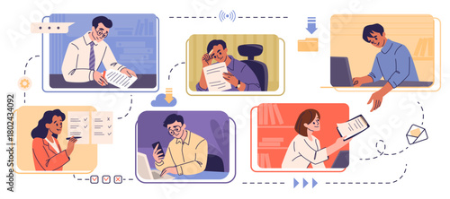 People work. Office team communicate in computer. Community project workflow by employees. Business teamwork. Businessman with laptop and document. Digital browser frame. Vector concept