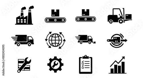 Industrial and delivery icons set featuring logistics and manufacturing symbols