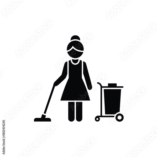 Housekeeper with mop and cleaning cart icon