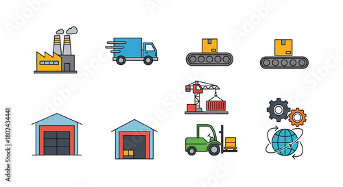 Logistics and supply chain icons set featuring colorful flat design elements