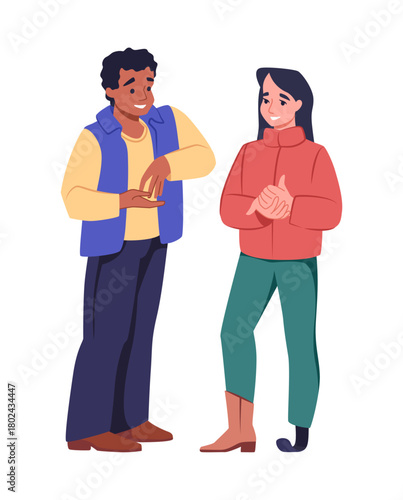 Inclusive people. Disabled woman with leg prosthesis. Inclusion support to person with disability. Happy diversity couple. Handicap girlfriend talking with boyfriend. Vector concept