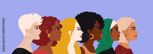 Women silhouette. Woman face, group of different female profile together. Black, Asian race solidarity portrait, girl power. Vector confidence ethnic banner, cartoon isolated illustration