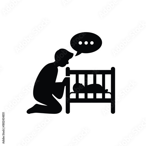 Parent praying over baby in crib with thought bubble